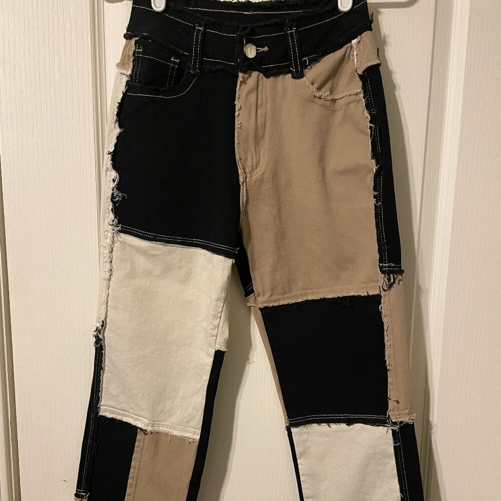 Y2K Patchwork Neutral Colorblock Straight Leg Jeans - Size X-Small XS - Picture 3 of 9